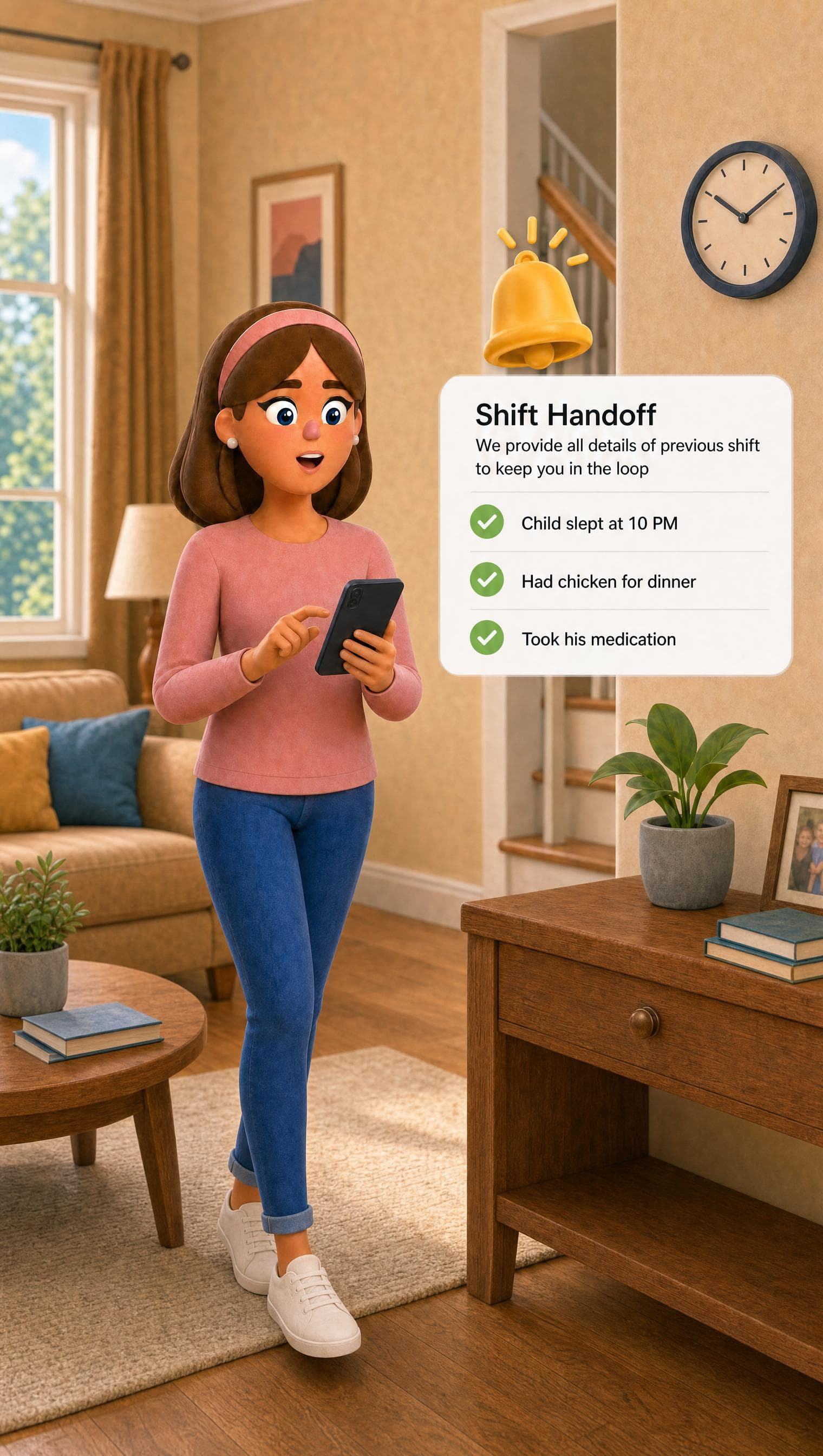 A care worker checking the previous shift’s handover on a phone.