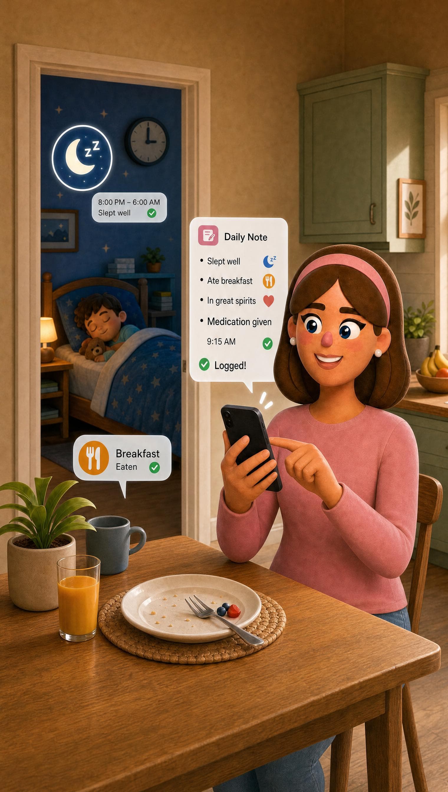 A care worker recording daily care and medication using her phone.