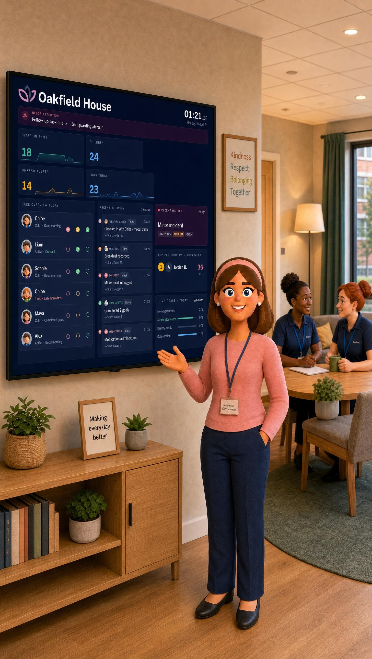 A manager showing her team an overview of the home’s daily activity.