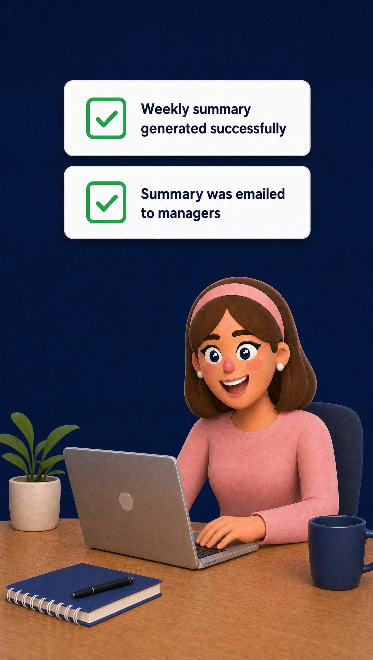 A manager reviewing care summaries at her laptop.